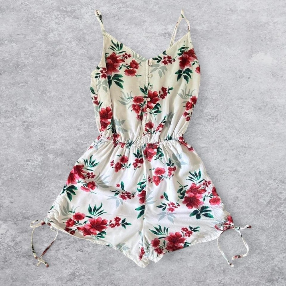 Hollister Womens Floral Romper White Red Hibiscus Button Front Side Ties XS